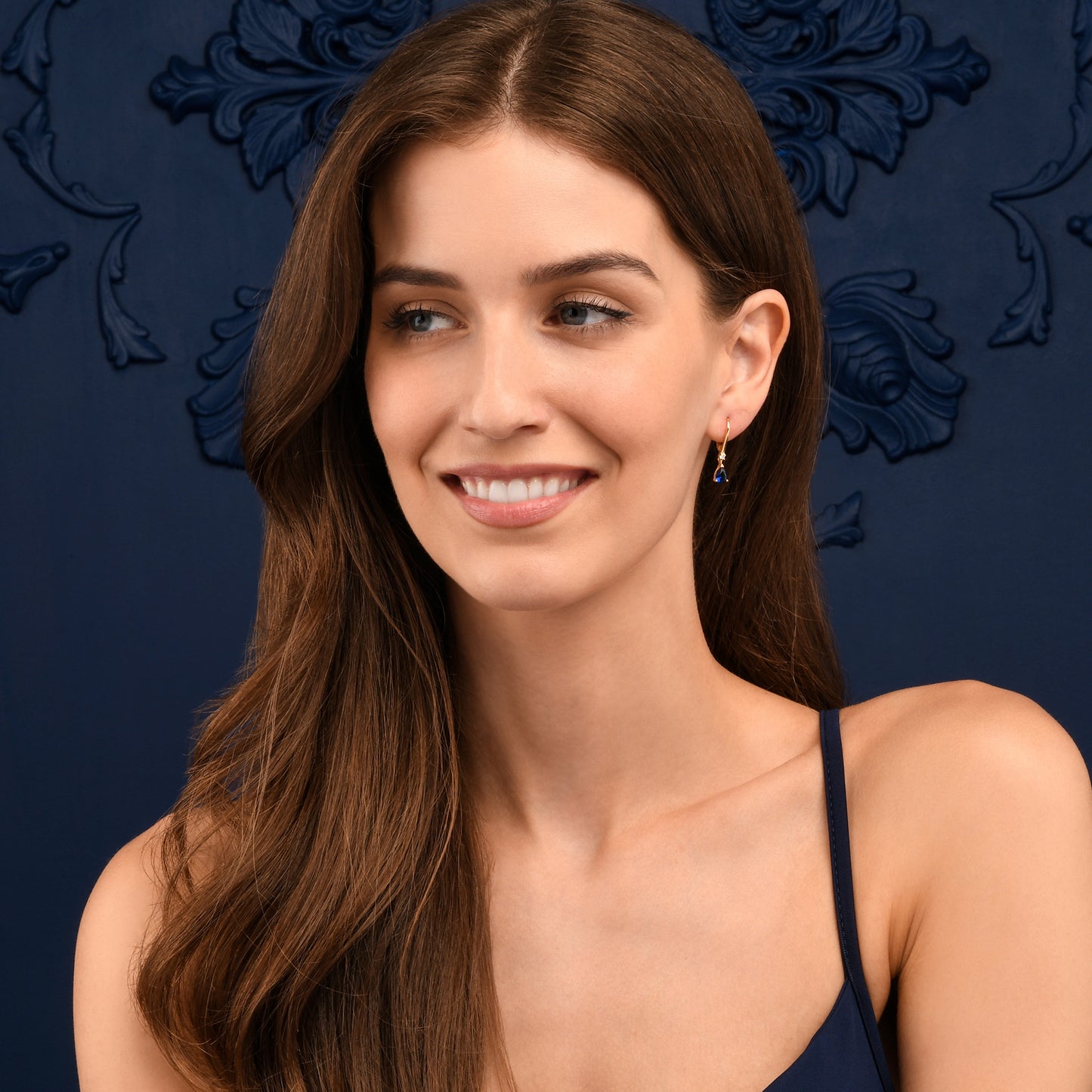 Gold Plated Sterling Silver Blue Pear Drop Cubic Zirconia Leverback Dangle Earrings