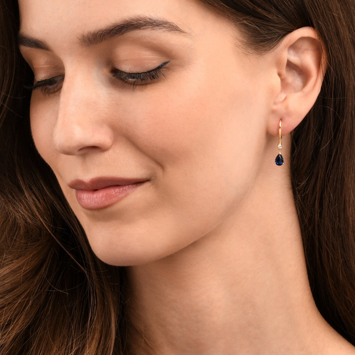 Gold Plated Sterling Silver Blue Pear Drop Cubic Zirconia Leverback Dangle Earrings