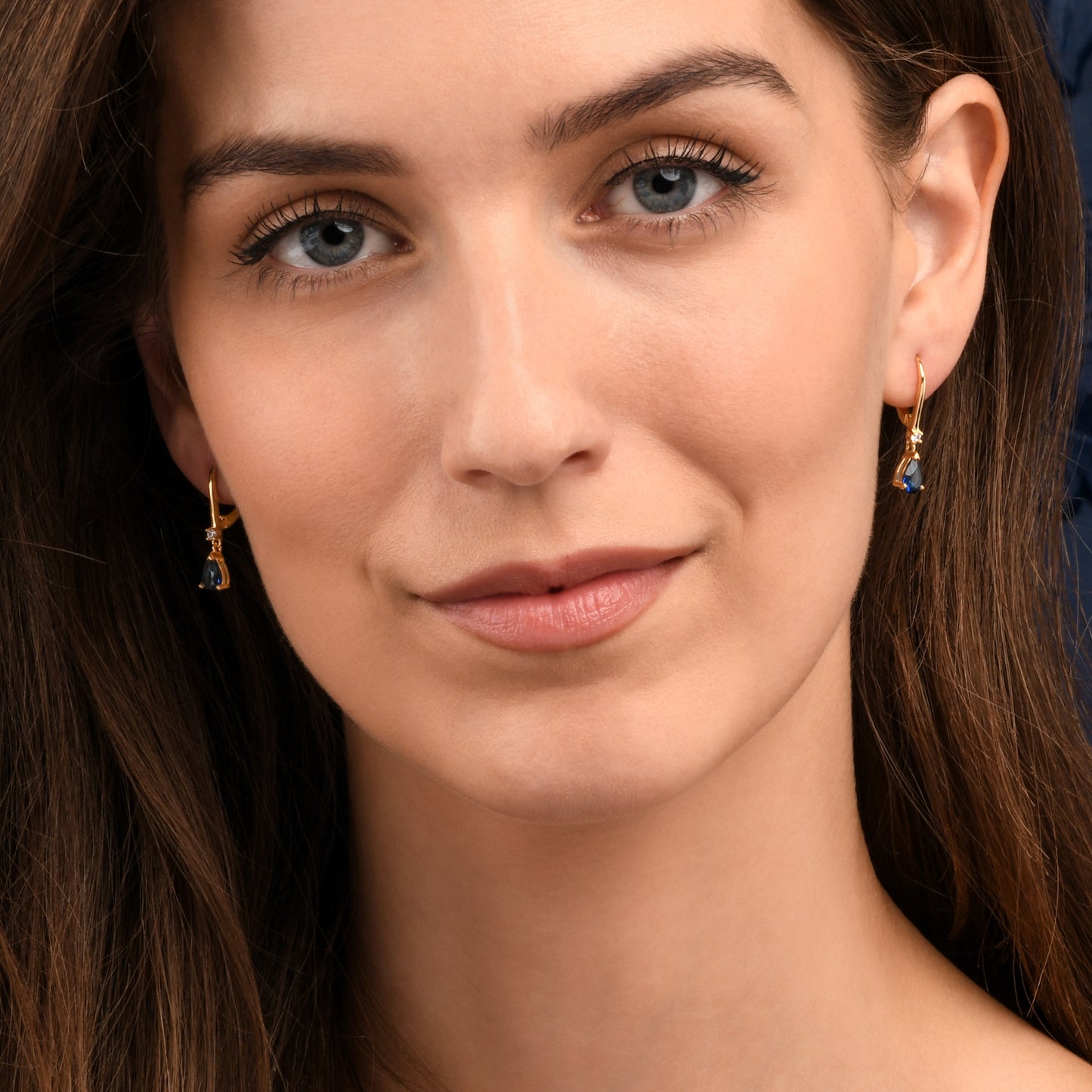 Gold Plated Sterling Silver Blue Pear Drop Cubic Zirconia Leverback Dangle Earrings