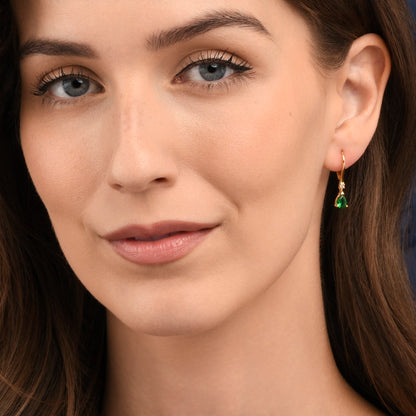 Gold Plated Sterling Silver Green Pear Drop Cubic Zirconia Leverback Dangle Earrings