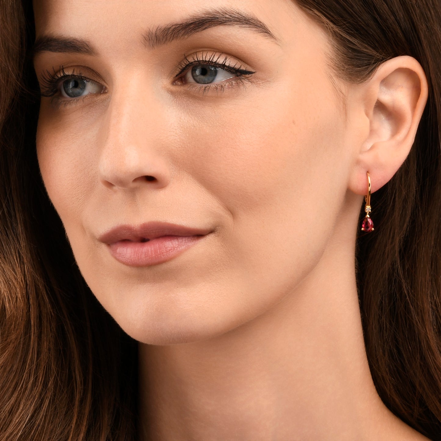 Gold Plated Sterling Silver Red Pear Drop Cubic Zirconia Leverback Dangle Earrings