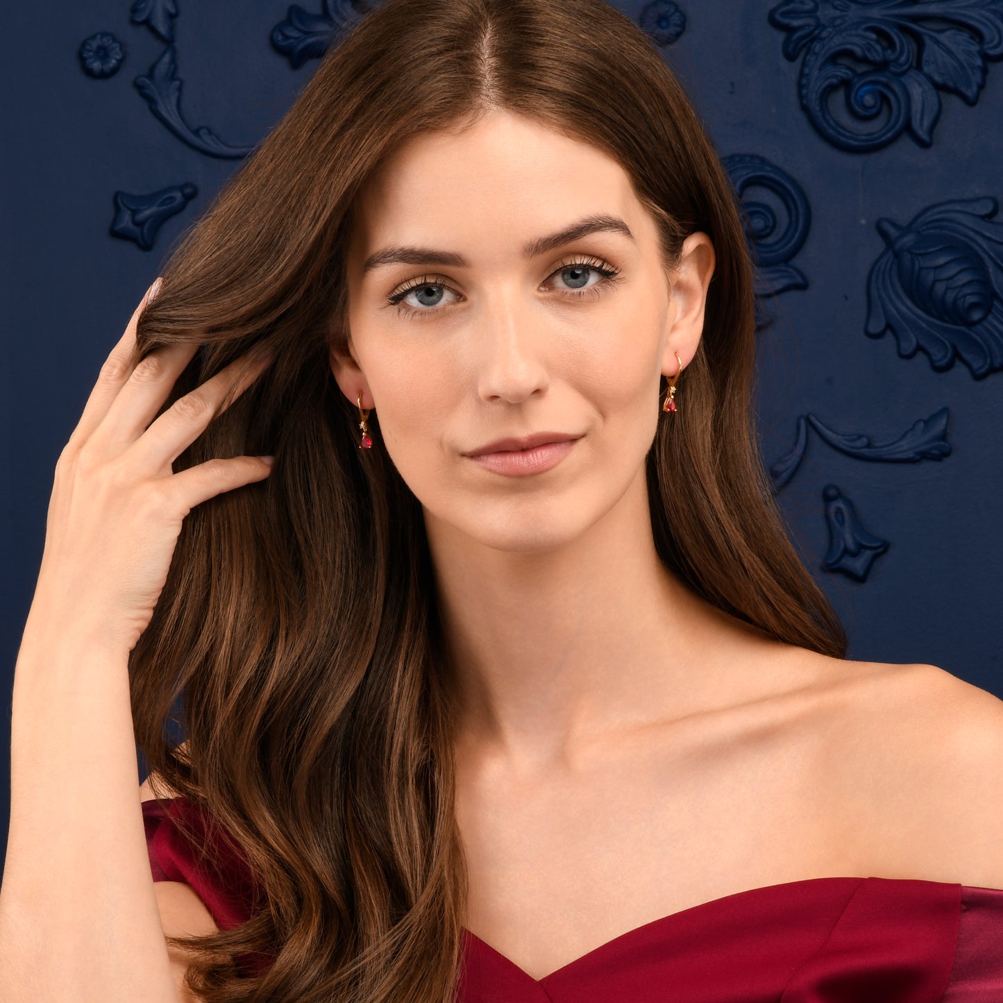 Gold Plated Sterling Silver Red Pear Drop Cubic Zirconia Leverback Dangle Earrings