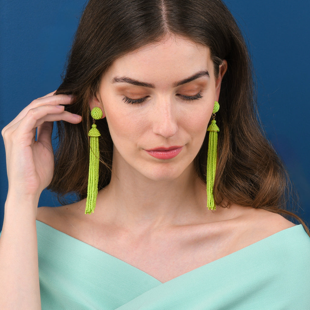 Long Bright Green Beaded Tassel Earrings for Women