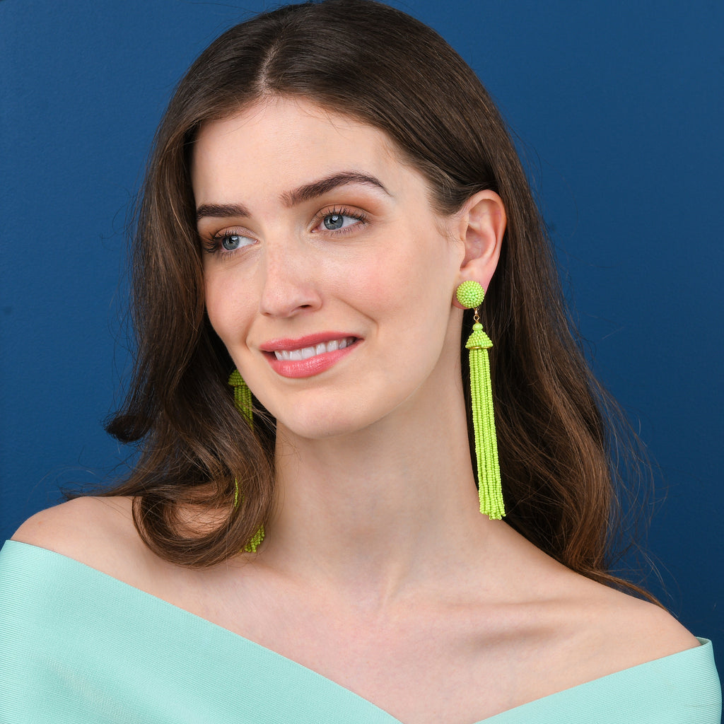 Long Bright Green Beaded Tassel Earrings for Women