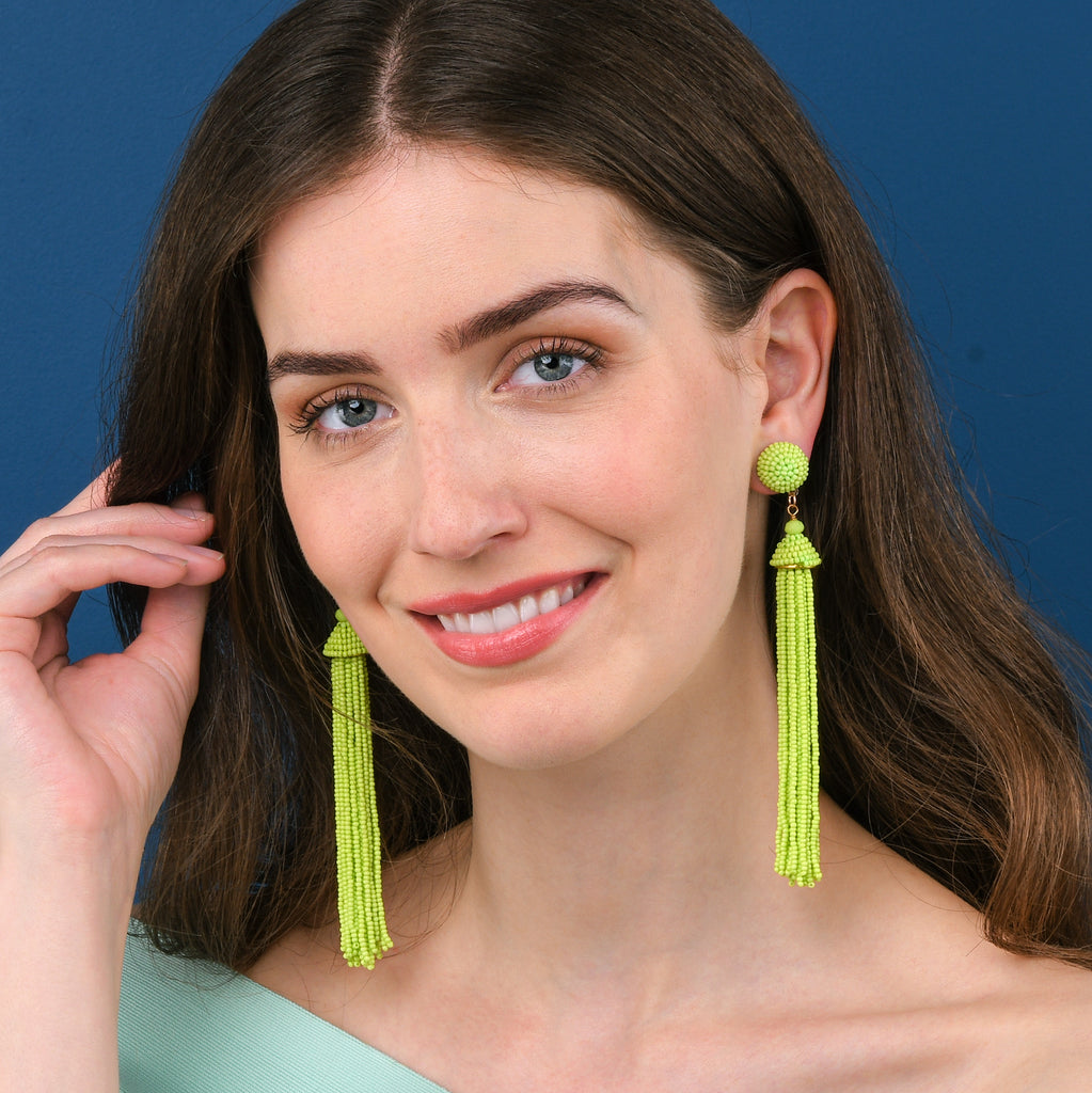 Long Bright Green Beaded Tassel Earrings for Women