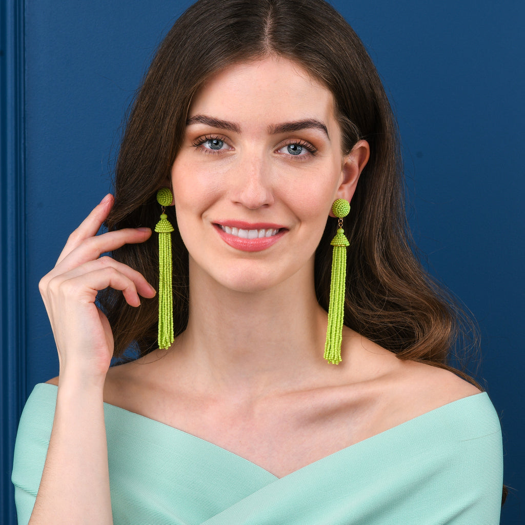 Long Bright Green Beaded Tassel Earrings for Women