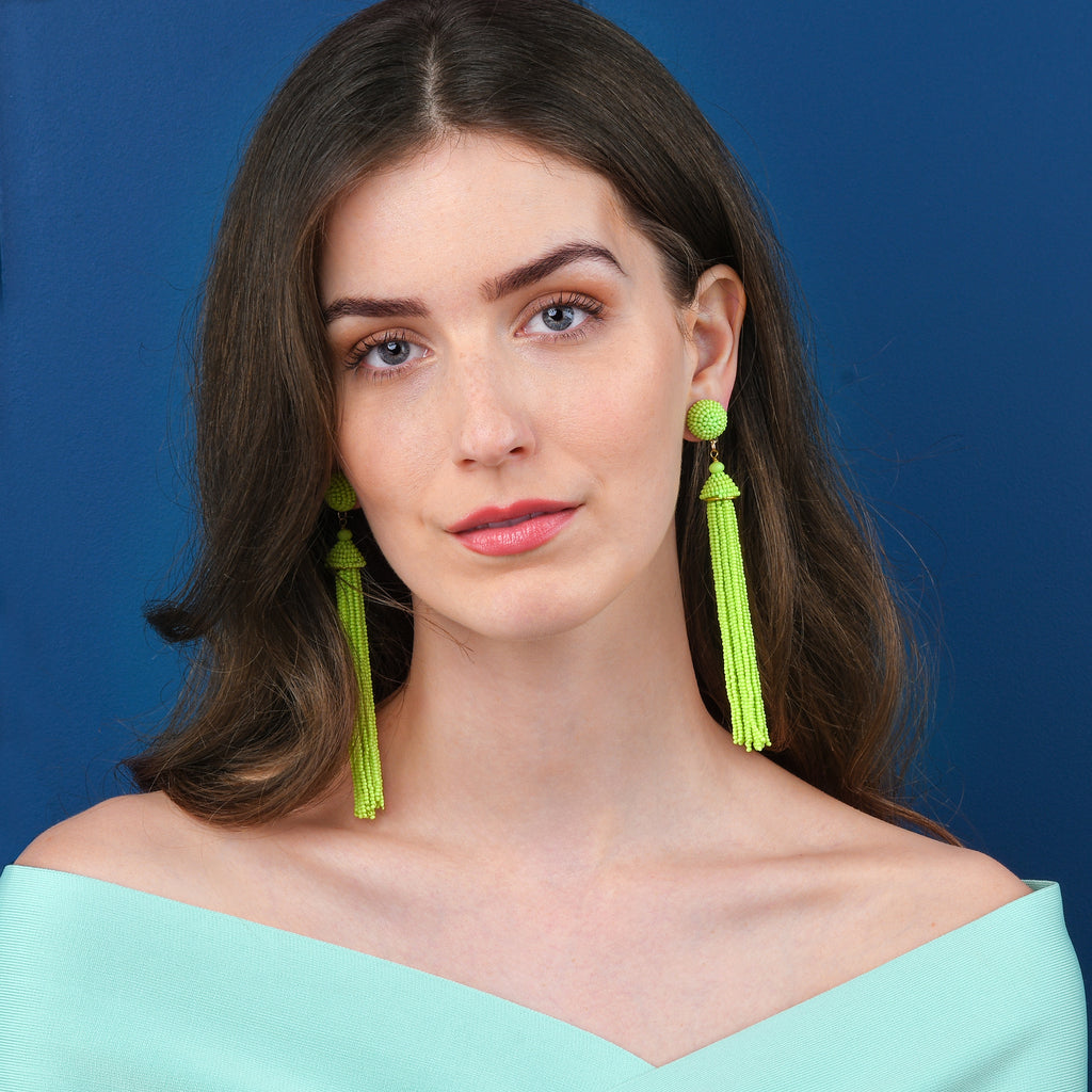 Long Bright Green Beaded Tassel Earrings for Women