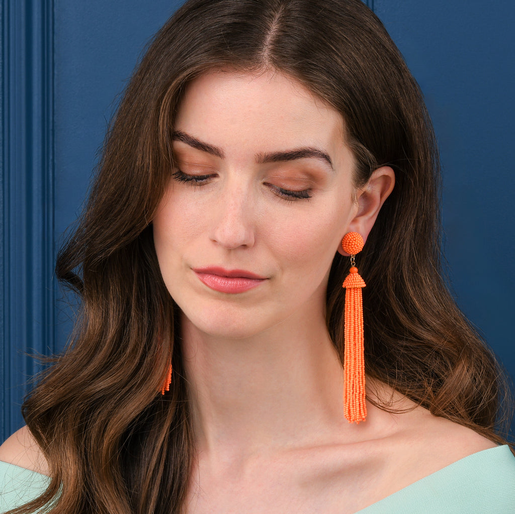 Long Bright Orange Beaded Tassel Earrings for Women