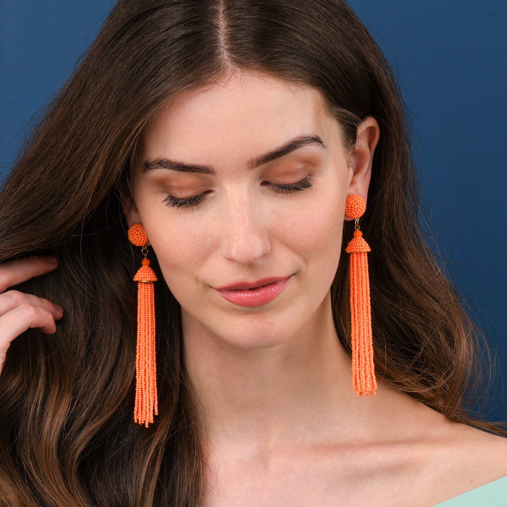 Long Bright Orange Beaded Tassel Earrings for Women