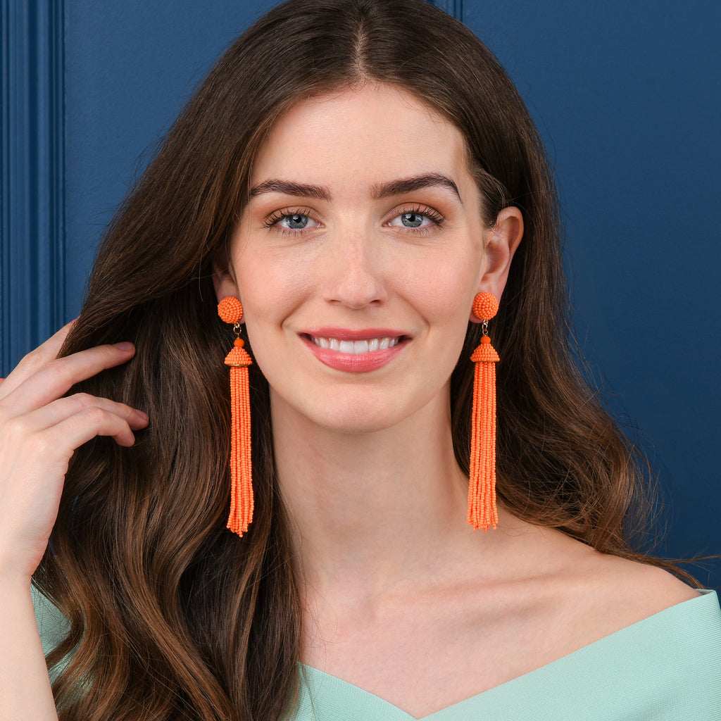 Long Bright Orange Beaded Tassel Earrings for Women