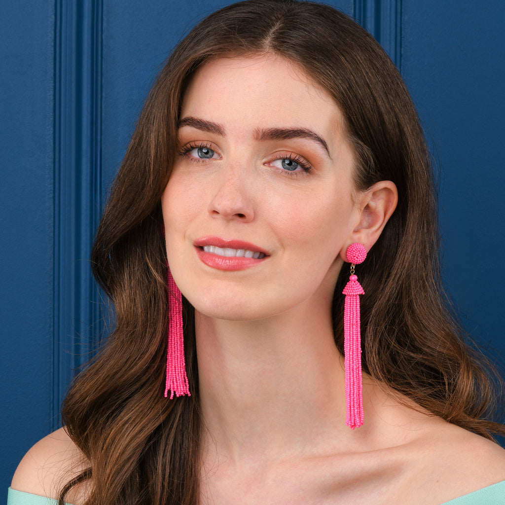 Long Bright Pink Beaded Tassel Earrings for Women