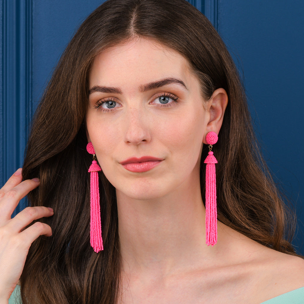 Long Bright Pink Beaded Tassel Earrings for Women