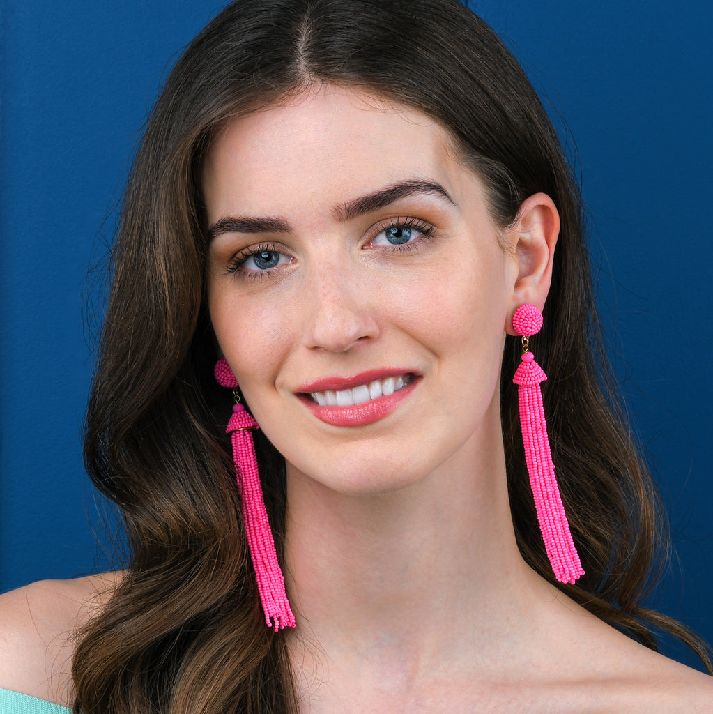 Long Bright Pink Beaded Tassel Earrings for Women