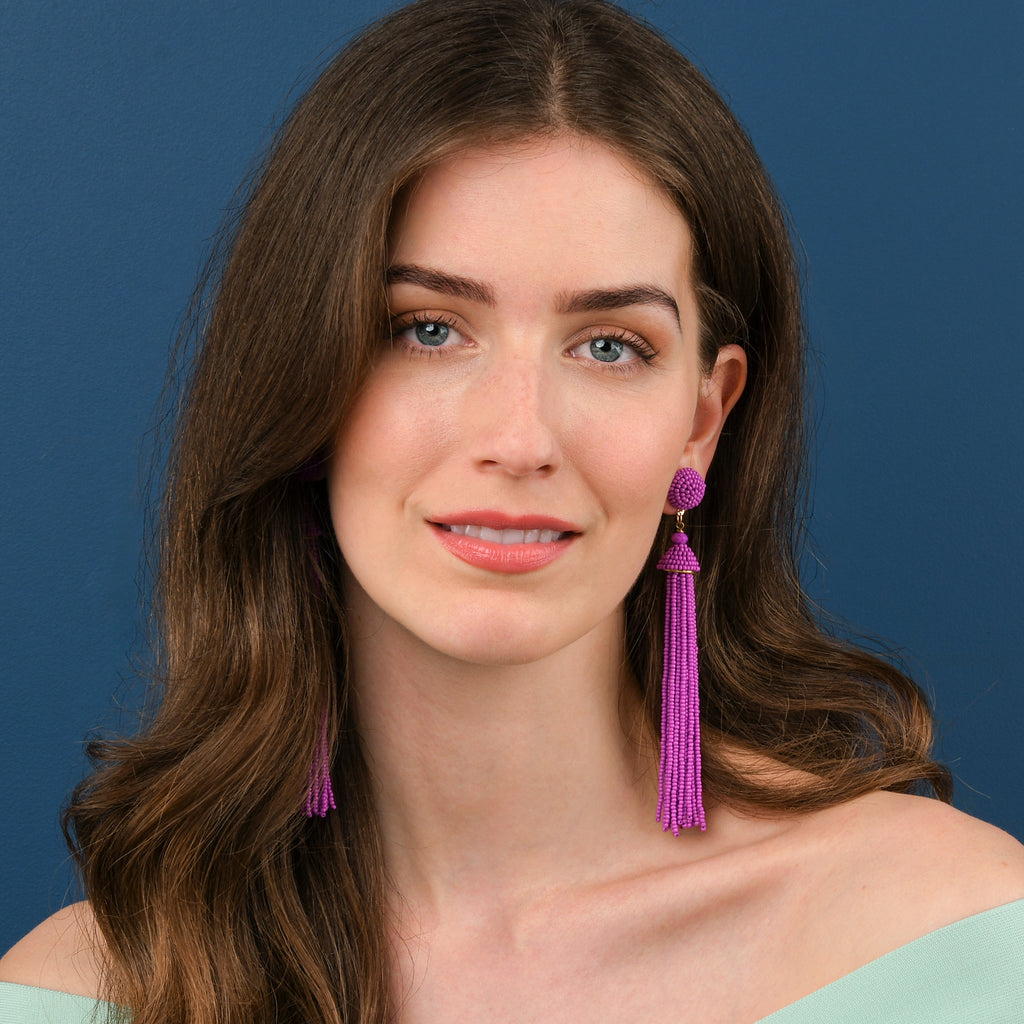 Long Purple Beaded Tassel Earrings for Women