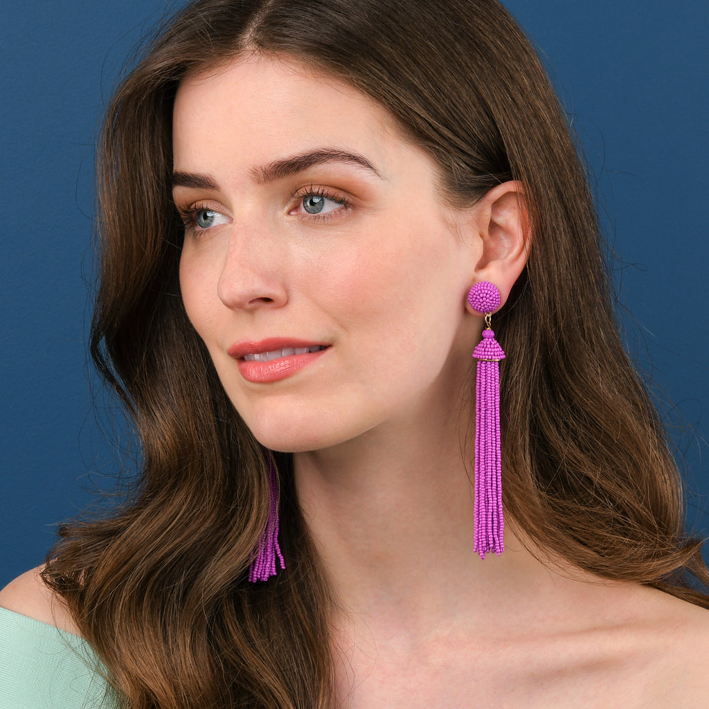 Long Purple Beaded Tassel Earrings for Women