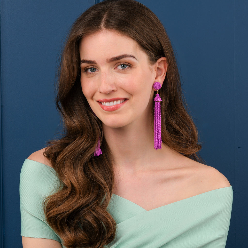 Long Purple Beaded Tassel Earrings for Women