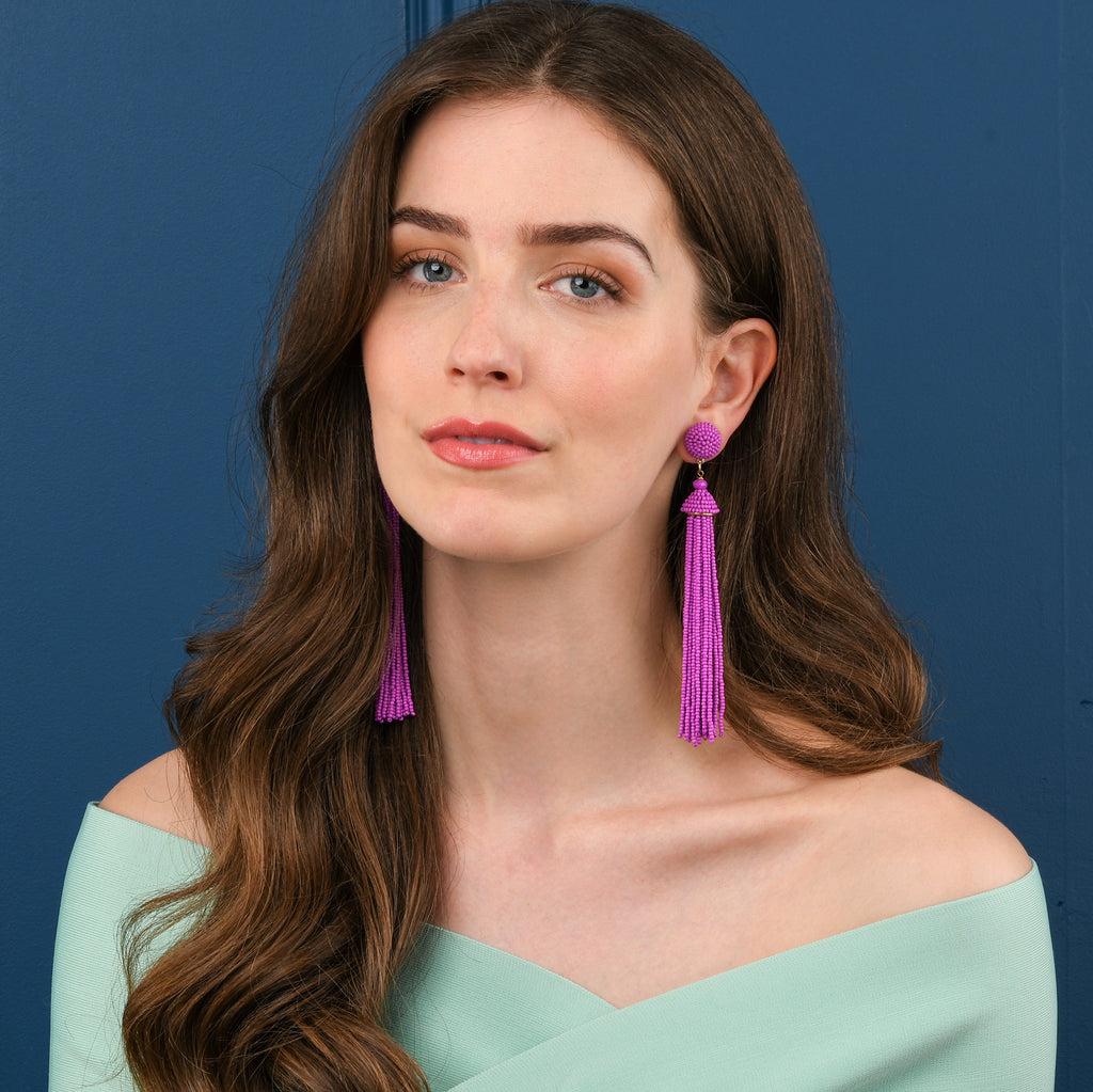 Long Purple Beaded Tassel Earrings for Women