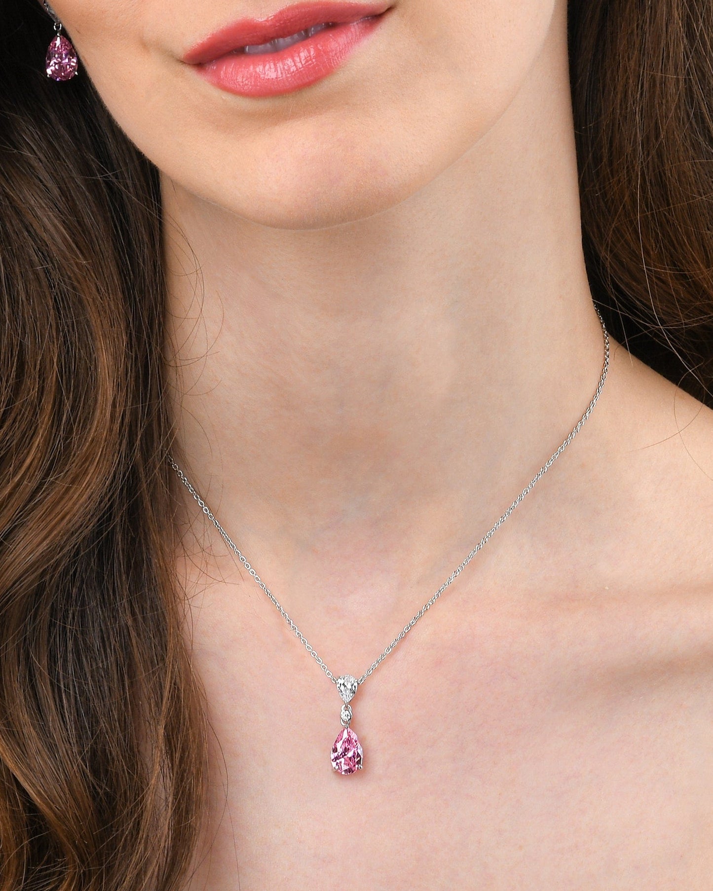 925 Sterling Silver Light Pink Pear Drop Pendant Necklace For Women