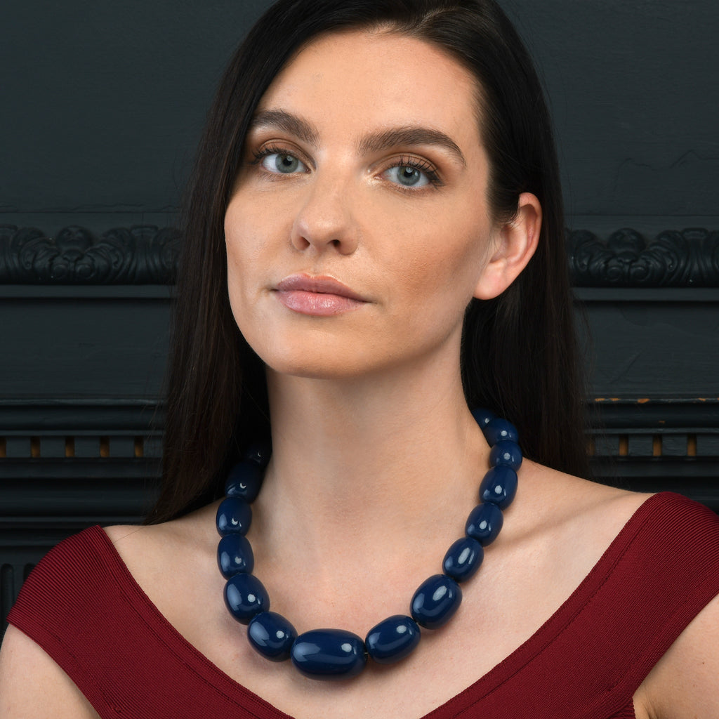 20 inch Long Blue Oval Beads Statement Necklace for Women