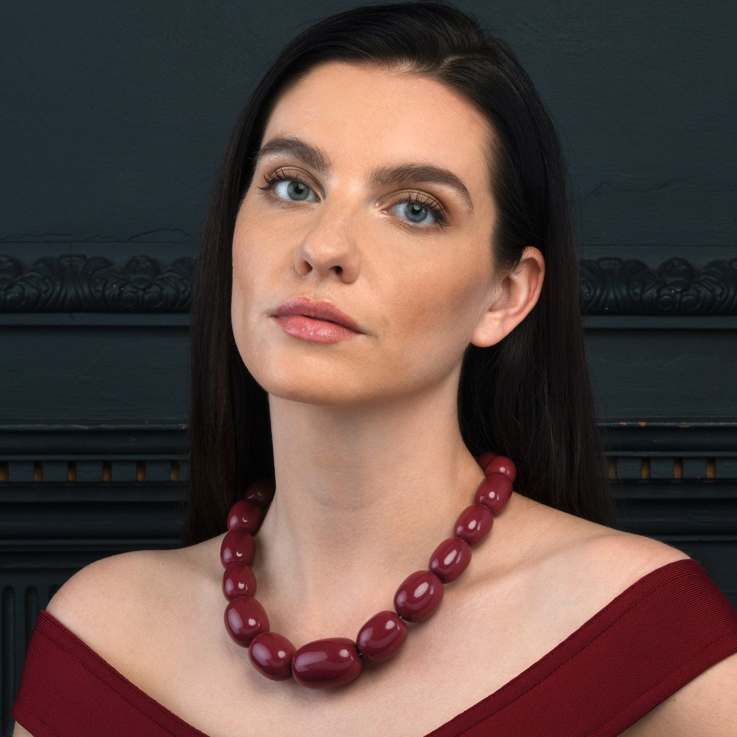 20 inch Long Burgundy Oval Beads Statement Necklace for Women