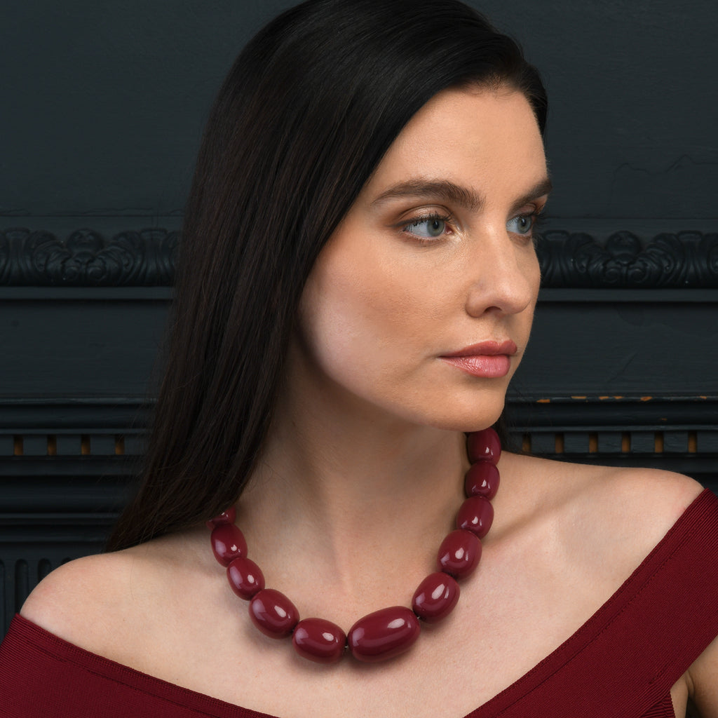 20 inch Long Burgundy Oval Beads Statement Necklace for Women
