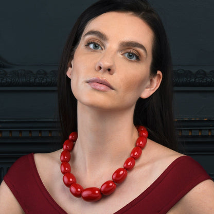 20 inch Long Red Oval Beads Statement Necklace for Women