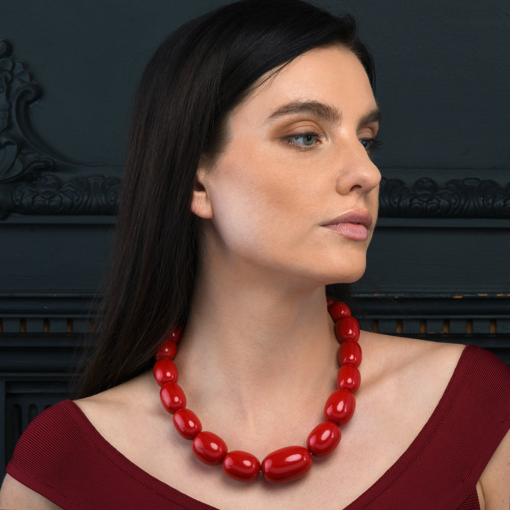 20 inch Long Red Oval Beads Statement Necklace for Women
