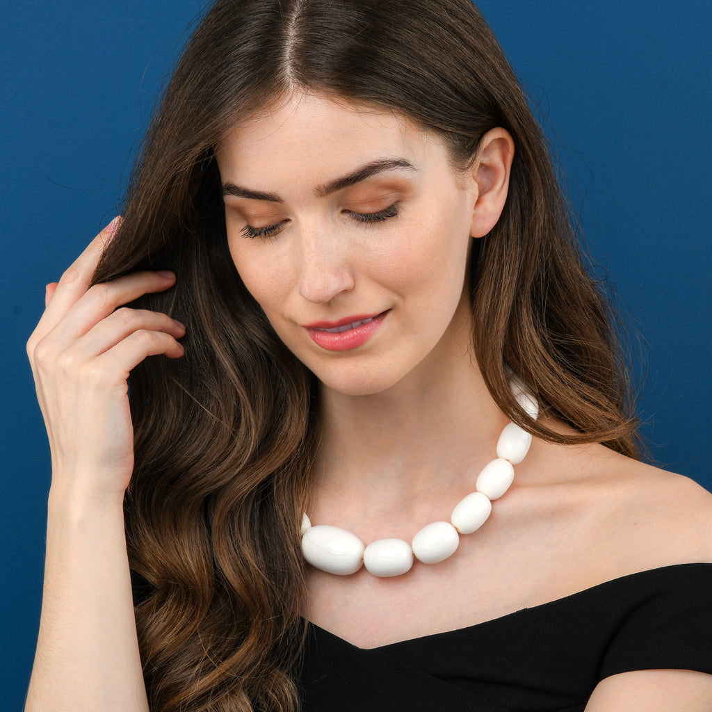 20 inch Long White Oval Beads Statement Necklace for Women