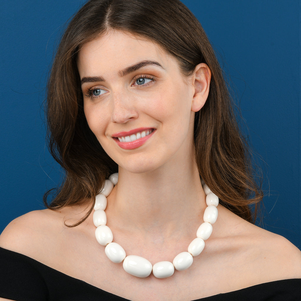 20 inch Long White Oval Beads Statement Necklace for Women