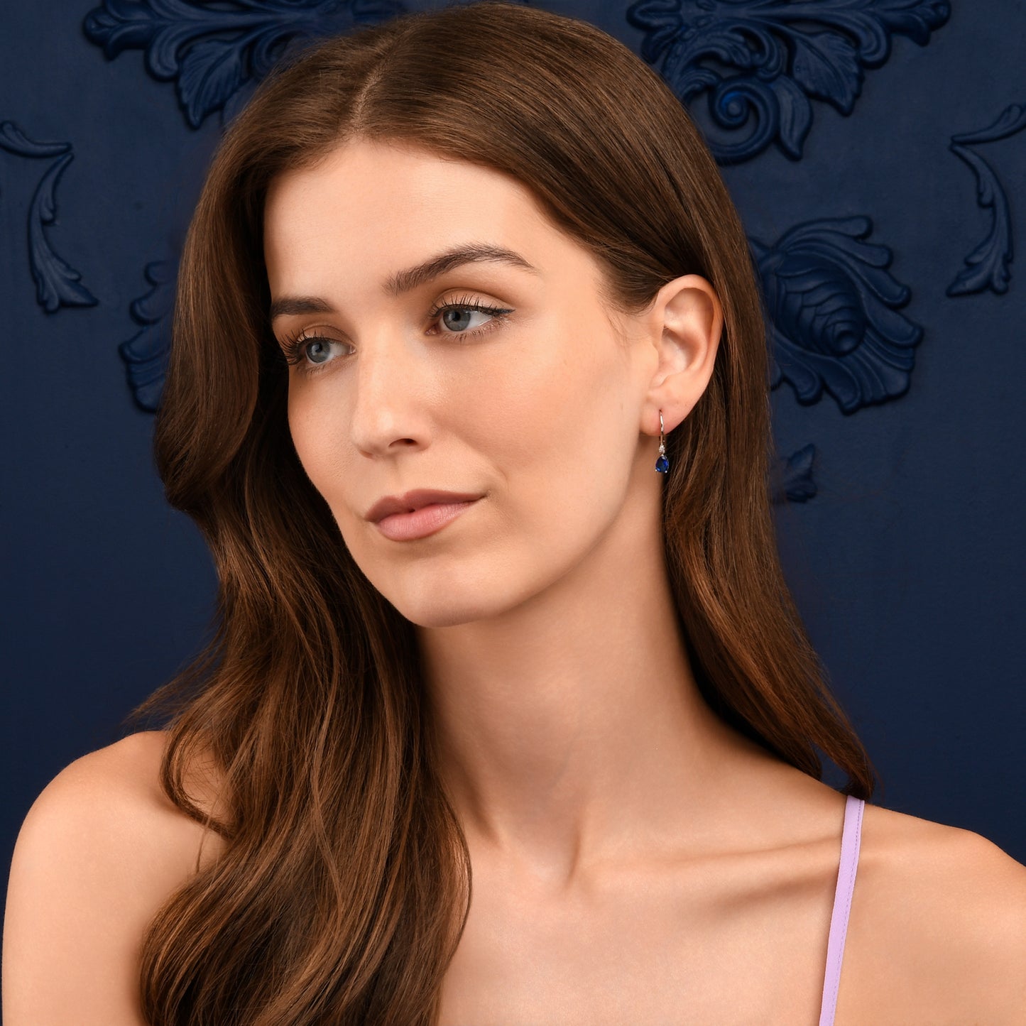 Silver Small Pear Shaped Blue Cubic Zirconia Leverback Drop Earrings For Women