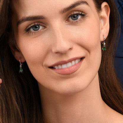 Silver Small Pear Shaped Green Cubic Zirconia Leverback Drop Earrings For Women