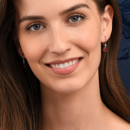 Silver Small Pear Shaped Red Cubic Zirconia Leverback Drop Earrings For Women