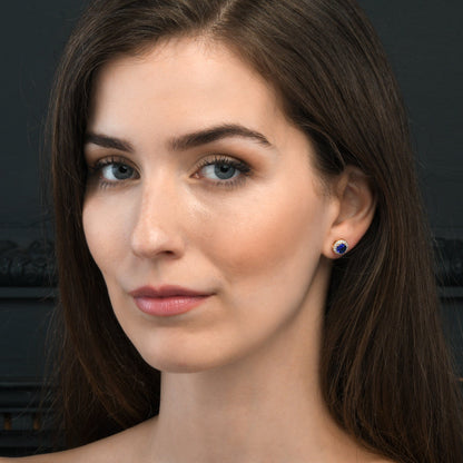 Gold Plated Classic Round Blue Halo Stud Earrings with Cubic Zirconia For Women