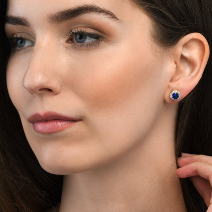 Gold Plated Classic Round Blue Halo Stud Earrings with Cubic Zirconia For Women