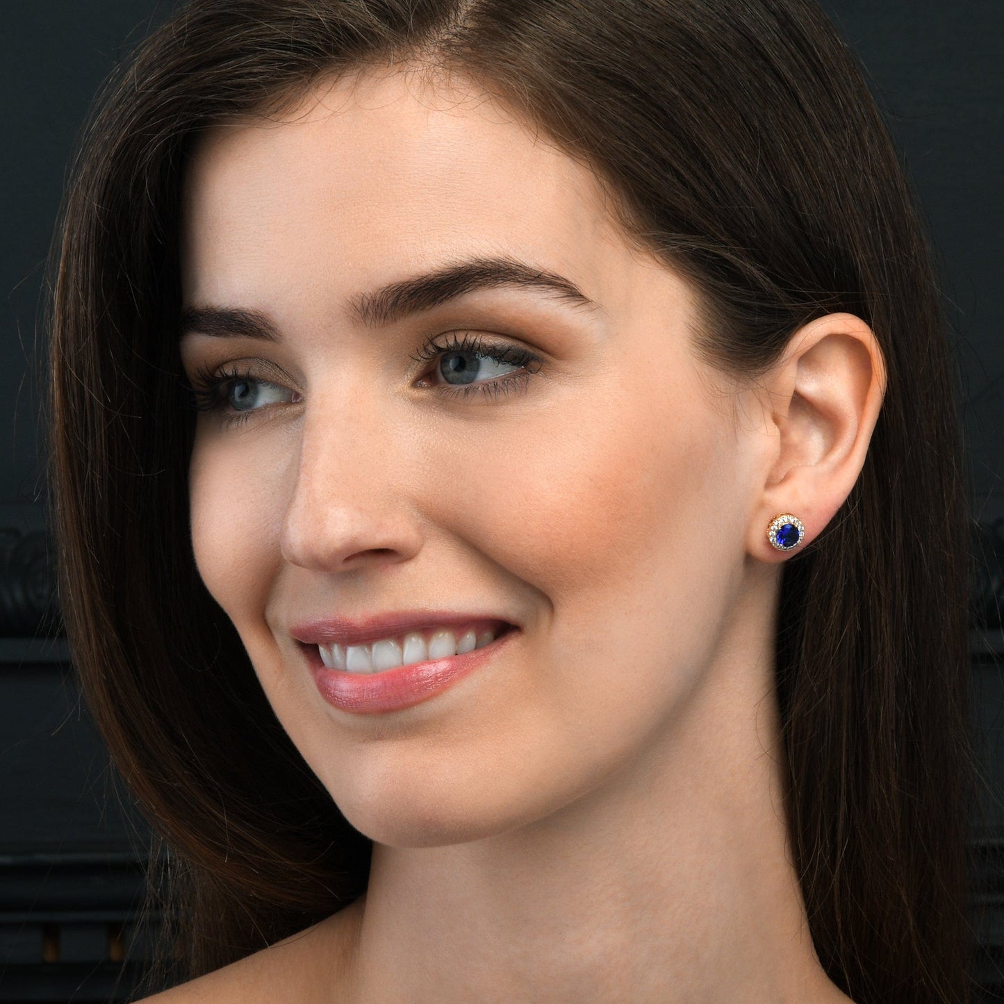 Gold Plated Classic Round Blue Halo Stud Earrings with Cubic Zirconia For Women