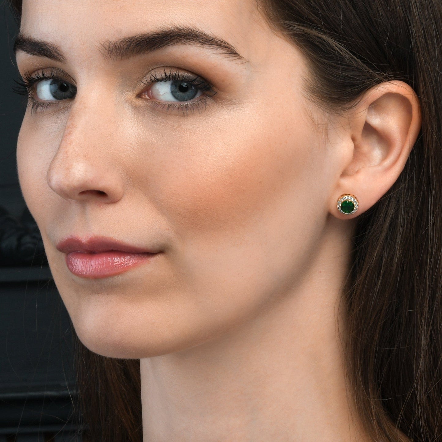 Gold Plated Classic Round Green Halo Stud Earrings with Cubic Zirconia For Women