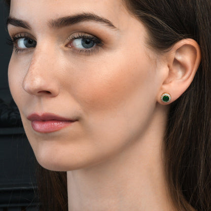 Gold Plated Classic Round Green Halo Stud Earrings with Cubic Zirconia For Women