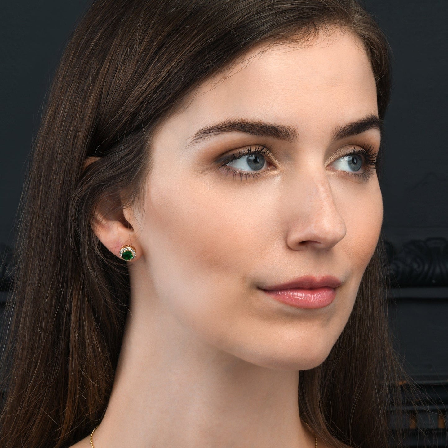 Gold Plated Classic Round Green Halo Stud Earrings with Cubic Zirconia For Women