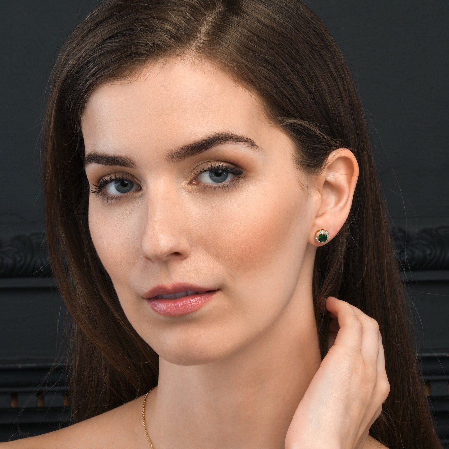 Gold Plated Classic Round Green Halo Stud Earrings with Cubic Zirconia For Women