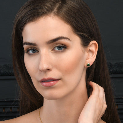 Gold Plated Classic Round Green Halo Stud Earrings with Cubic Zirconia For Women
