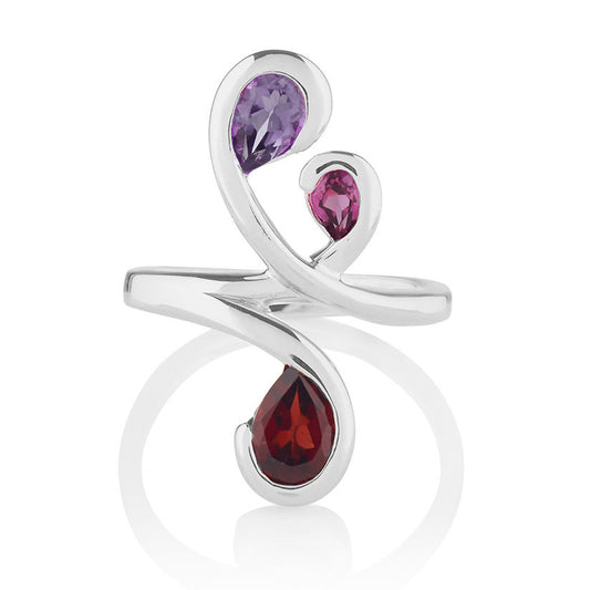 Floral Sterling Silver Ring with Amethyst, Rhodolite and Garnet Gemstones