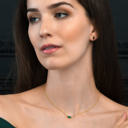 Dainty Gold plated Green Baguette Stud Earrings in 925 Sterling Silver For Women