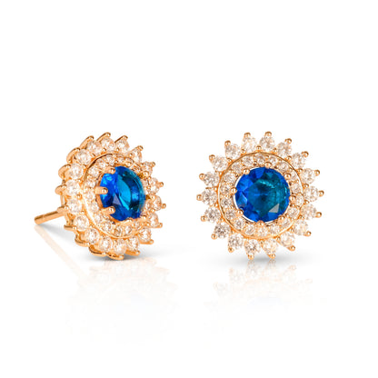 Gold Blue Round Halo Stud Earrings With Aqua Blue Crystal For Women