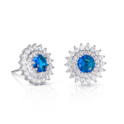 Blue Silver Round Halo Stud Earrings With Aqua Blue Crystal For Women