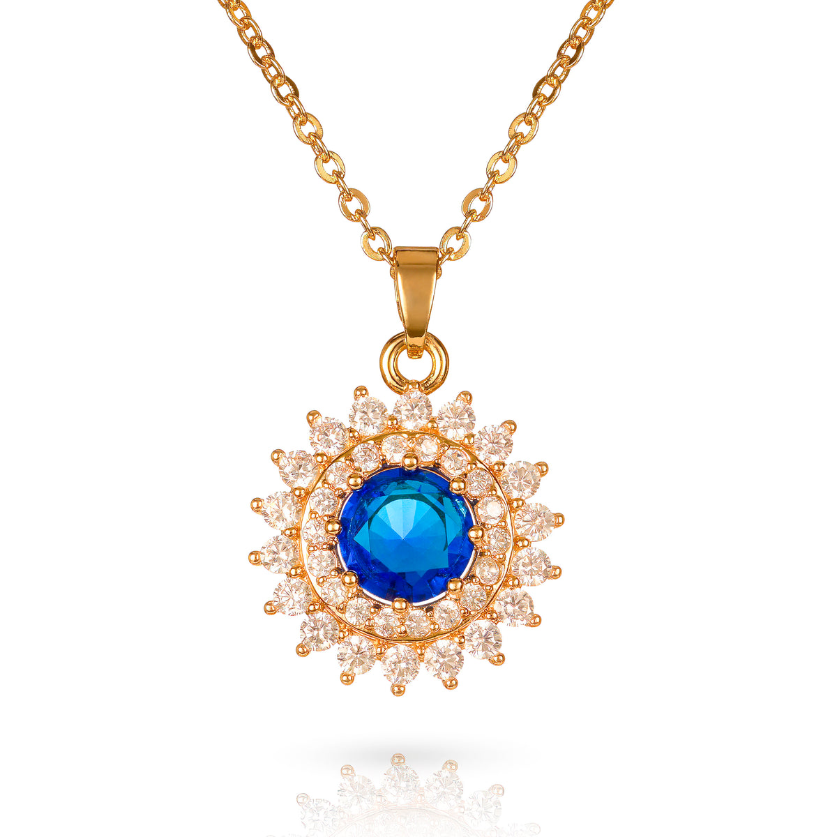 Gold Blue Round Halo Pendant Necklace With Aqua Blue Crystal For Women