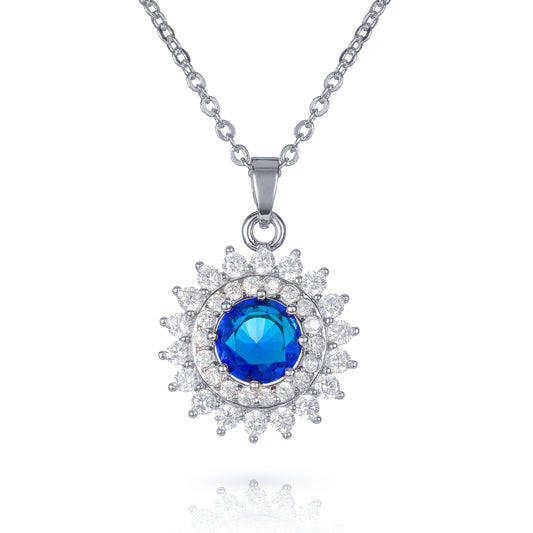 Blue Silver Round Halo Pendant Necklace With Aqua Blue Crystal For Women