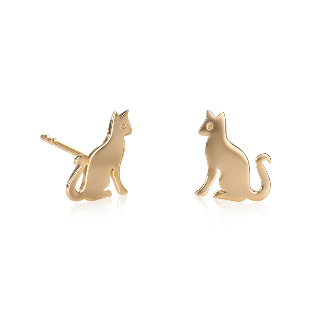 Gold Plated 925 Sterling Silver Cute Cat Shaped Small Stud Earrings for Women