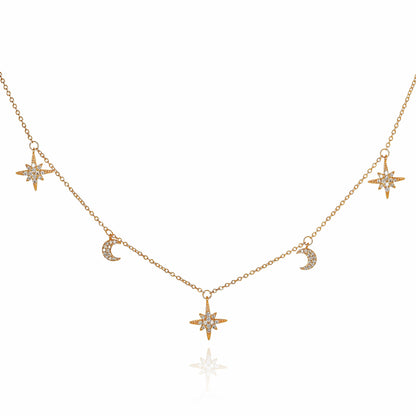 Gold Plated 925 Sterling Silver Moon and Star Charm Necklace For Women