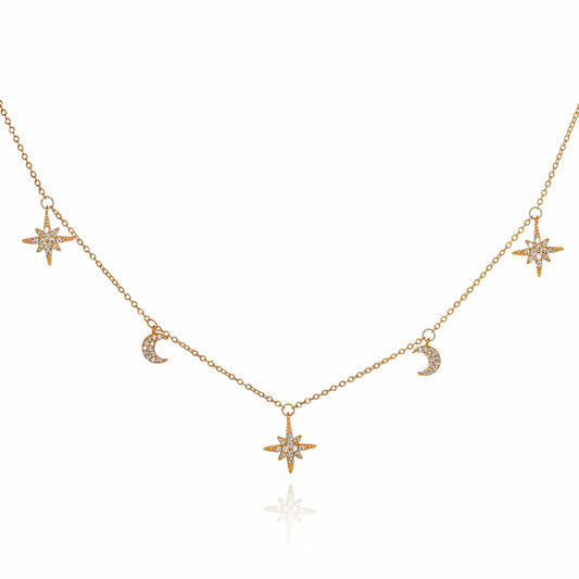 Gold Plated 925 Sterling Silver Moon and Star Charm Necklace For Women
