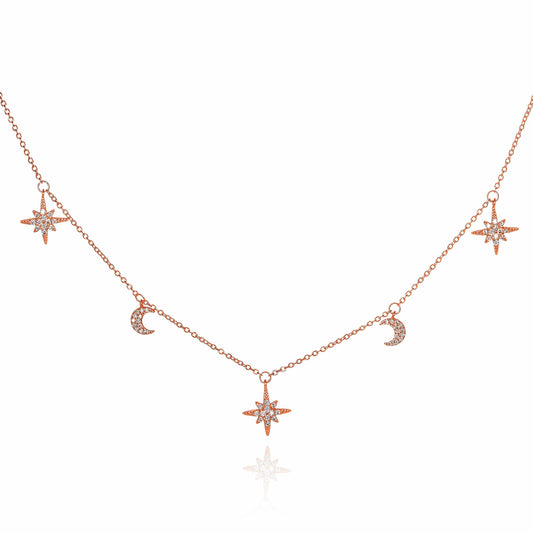 Rose Gold Plated 925 Sterling Silver Moon and Star Charm Necklace For Women